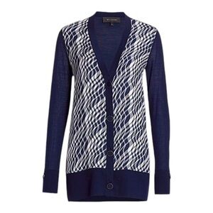 St. John Navy Blue and White Cardigan Sweater Size Medium Wool and Silk Sweater